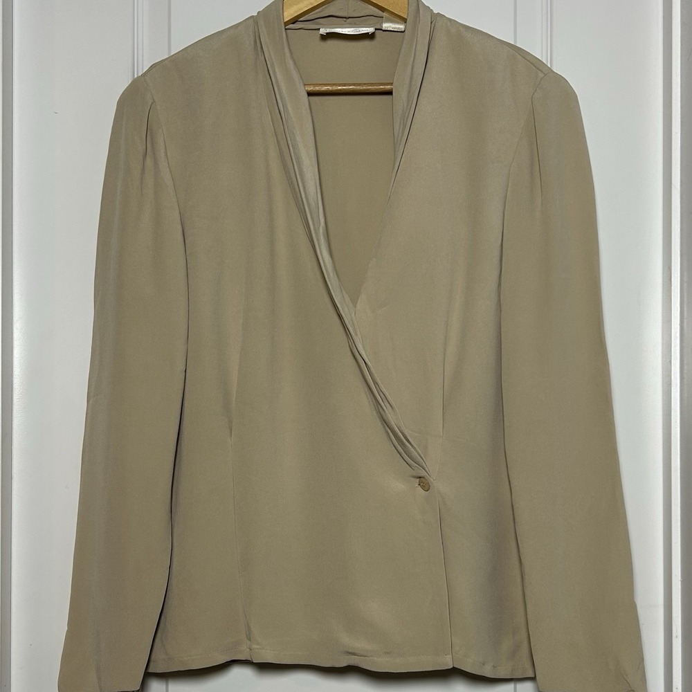 Dana Buchman Vintage 90s 100% Silk Taupe Long Sleeve V-Neck Wrap Front Blouse